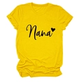 Detail of Nana text and heart print on a yellow crewneck cotton t-shirt for women - Yellow (Black Font)
