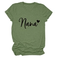 Close-up of grass green crew neck Nana tee with heart print and rolled sleeve detail - Olive Green (Black Font)