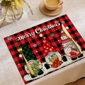 Set de table de Noël en lin avec carreaux rouges, gnomes et texte Merry Christmas - Style Gnomes de Noël Carreaux Buffalo (CDX1-42)