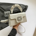 White crocodile texture shoulder bag for women, chic rhinestone handbag and strap. - White