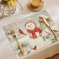 Set de table en lin de Noël avec motif bonhomme de neige et oiseaux rouges festifs - Style Bonhomme de Neige Oiseau Rouge (CDX1-2)