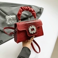 Red crocodile PU leather shoulder bag with dazzling crystal buckle and chic pleated handle. - Red