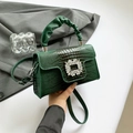 Green crocodile texture shoulder bag with sparkling crystal buckle, stylish women handbag. - Green