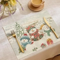 Set de table en lin à motif bonhomme de neige de Noël avec couverts dorés élégants - Style Plusieurs Bonshommes de Neige (CDX1-4)