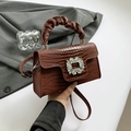 Brown crocodile pattern handbag with crystal buckle and gathered handle for women. - Brown