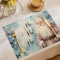 Set de table en lin de Noël avec motif Père Noël aquarelle et texte festif Ho Ho Ho - Style Père Noël Aquarelle Rétro Ho Ho Ho (CDX1-6)