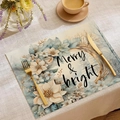 Set de table de Noël en lin avec motif floral Merry & Bright et détails dorés - Style Feuilles Bleu Clair Merry & Bright (CDX1-7)