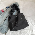 Black pleated tote bag with rhinestone studs and cloud handle for casual daily use - Black