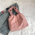 Pink pleated tote bag with rhinestone embellishments and drawstring closure for women - Pink