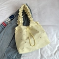 Chic cream nylon tote bag with pleated cloud strap and crystal accents for women - Yellow
