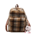 Retro Karo-Wollrucksack in Braun mit Lederriemen und rosa Plüsch-Monster-Anhänger - Ohne Anhänger / Khaki
