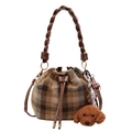 Sac seau à carreaux marron avec poignée tissée, bandoulière et pendentif ours mignon - Sans Pendentif / Carreaux Marron