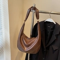 Vintage dark brown pleated tote bag in matte leather finish with wide shoulder strap - Coffee