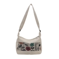 Schultertasche aus Canvas und PU-Leder mit Blumenstickerei und weißem Schultergurt - Weiß