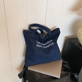 Sac cabas en denim bleu foncé avec broderie Less Mondays More Sundays et large bandoulière - Bleu foncé