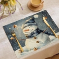 Set de table en lin avec motif bonhomme de neige, fond bleu étoilé pour Noël - Style Bonhomme de Neige Bonnet Rayé Bleu (CDX1-26)