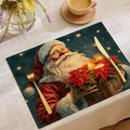 Set de table de Noël en lin avec illustration classique du Père Noël et ciel étoilé - Style Père Noël Ciel Étoilé (CDX1-27)