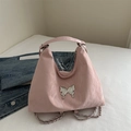 Pink pleated tote bag with silver liquid metal butterfly and chain shoulder strap - Pink