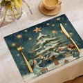 Set de table en lin avec illustration d'enfants et sapin sur fond bleu foncé - Style Enfants Échangeant des Cadeaux (CDX1-28)
