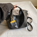Retro black leather bucket bag with gold chain strap and mini bag charm accessory - Lychee Texture Style / Black
