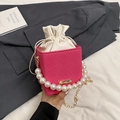 Pink woven square handbag with elegant pearl handle and gold chain strap for women - Pink
