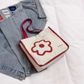 Minimalist canvas tote bag in cream and red with flower print and top button closure - Red