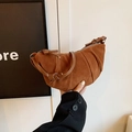 Retro brown crescent pleated handbag in soft suede finish for women in 2024 - Brown
