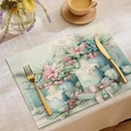 Set de table en lin hivernal avec fleurs roses, bougies bleues et motifs de baies - Style Bénédiction Bougie Florale Rose (CDX1-30)