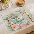 Set de table en lin avec élan élégant et roses roses pour décor de Noël - Style Illustration Élan Rose Rose (CDX1-31)