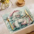 Set de table de Noël en lin avec illustration du Père Noël et motifs de houx festifs - Style Père Noël Déballant Cadeau (CDX1-32)