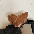 Brown suede croissant bag with pleated design and knot shoulder strap for women - Khaki