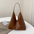 Minimalist caramel brown faux leather tote bag with V-shaped cut and slim straps - Brown