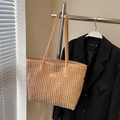 Large khaki corduroy tote bag with leather straps and vertical ribbed texture - Khaki