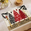 Set de table de Noël en lin avec motif arbre rouge et noir et texte Merry Christmas - Style Sapin à Carreaux Boules Pendantes (CDX1-33)
