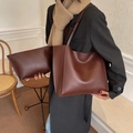 Deep brown matte leather tote bag with matching small zippered clutch set for women - Coffee