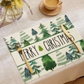 Set de table de Noël en lin avec sapins à l'aquarelle et lettrage festif joyeux - Style Plusieurs Sapins Aquarelle (CDX1-35)