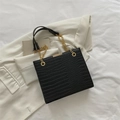 Retro black crocodile embossed square tote bag with gold hardware and chain strap - Black
