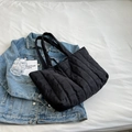 Chic black quilted puffer tote bag in nylon with large capacity for casual shoulder wear - Black