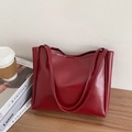 Minimalist deep red PU leather tote bag with long shoulder straps for daily use - Red