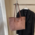 Light brown corduroy tote bag with leather straps and minimalist rectangular patch - Coffee