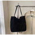 Detail of black corduroy tote bag showing the textured fabric and open front pocket - Black