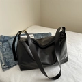 Fashionable black large PU leather tote bag with gold buckle and zipper closure - Black