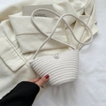 Mini cream woven straw shoulder bag with elegant pearl button and rope strap - With Ornament / White