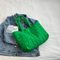Vibrant bright green quilted tote bag with wide handles and air-puff texture - Green