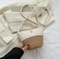 Mini woven bucket crossbody bag in white and khaki with decorative pearl button - With Ornament / White/Khaki