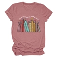 Detail of pink cotton T-shirt featuring colorful floral and book graphic print - Rose Gold (White Text)