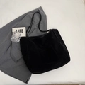 Retro black corduroy tote bag with large capacity and front pocket for daily commute - Black
