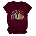 Detail of burgundy t-shirt featuring floral book spine print and reading quote - Wine Red (White Text)
