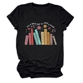 Detail of printed text 'it's a good day to read' and colorful book graphics on a black T-shirt - Black (White Text)