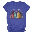 Detail of a blue t-shirt featuring a colorful book collection and floral print design - Retro Blue (White Text)